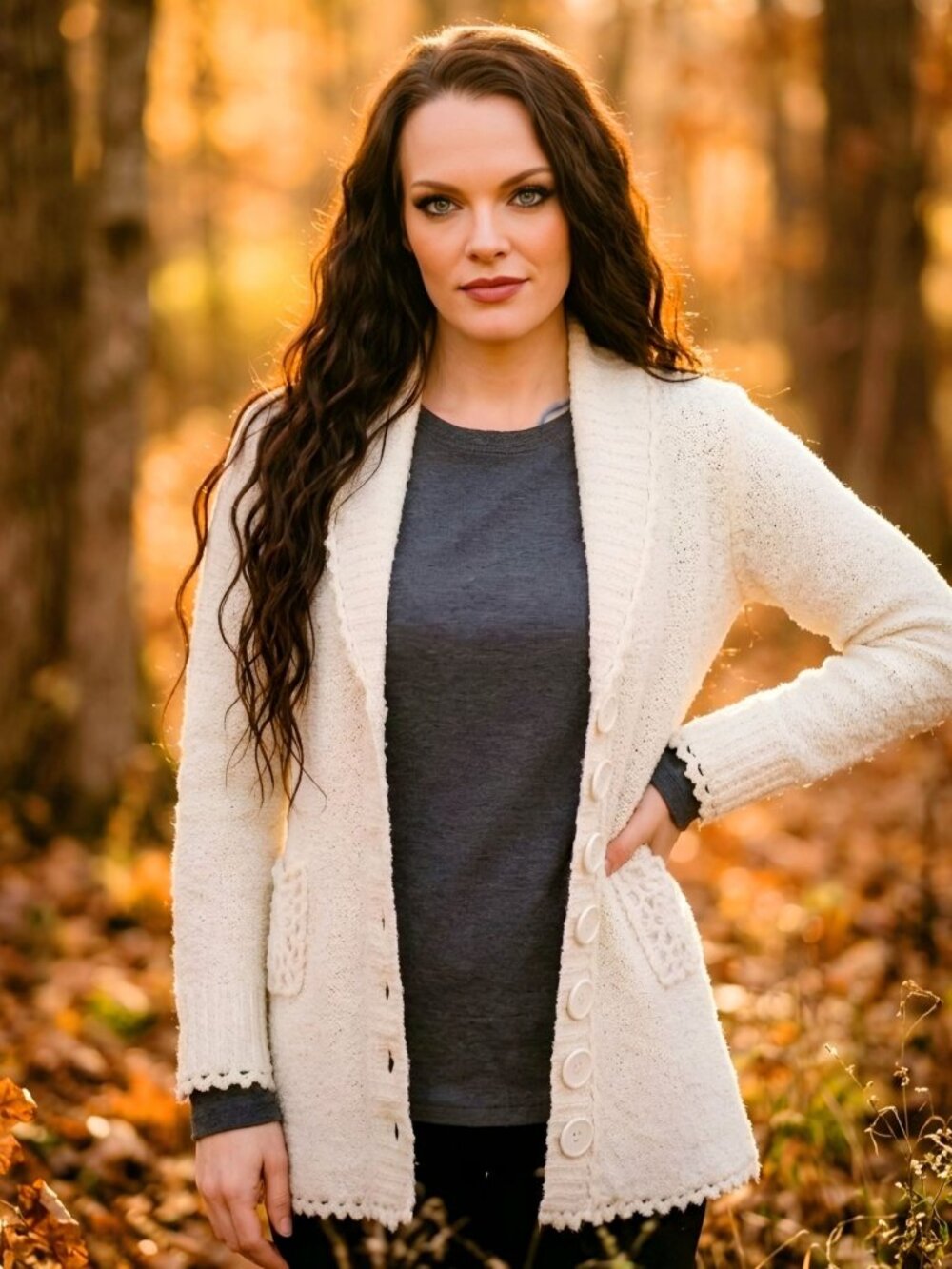Felicity ✦ Long Cardigan Sweater ✦ Cream Button‑Front Knit Shawl Collar Crochet